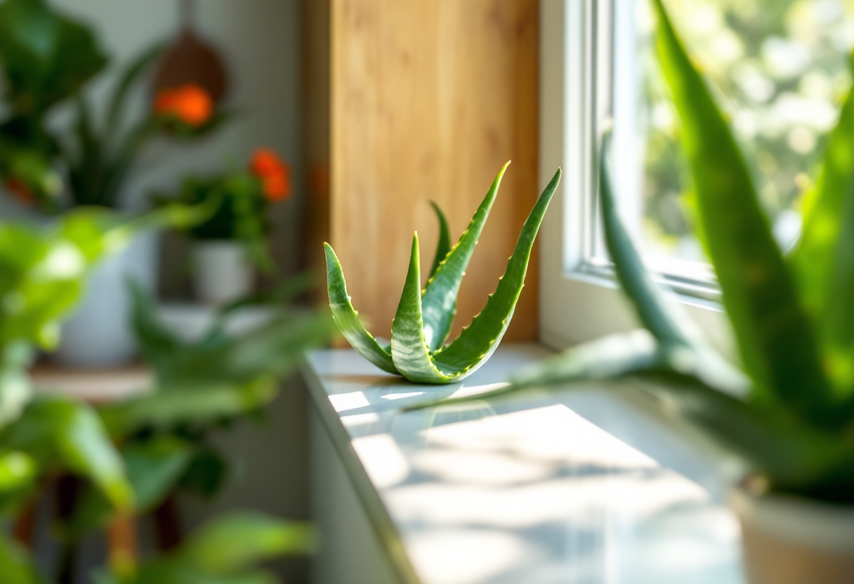 Aloe vera in vaso con foglie verdi e sane