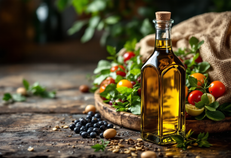 Bottiglia di olio extravergine d'oliva su sfondo naturale